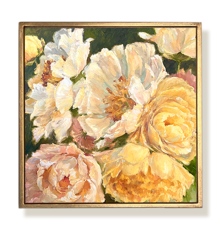 Yellow peony painting in square frame by artist Jennifer Hansen Rolli.