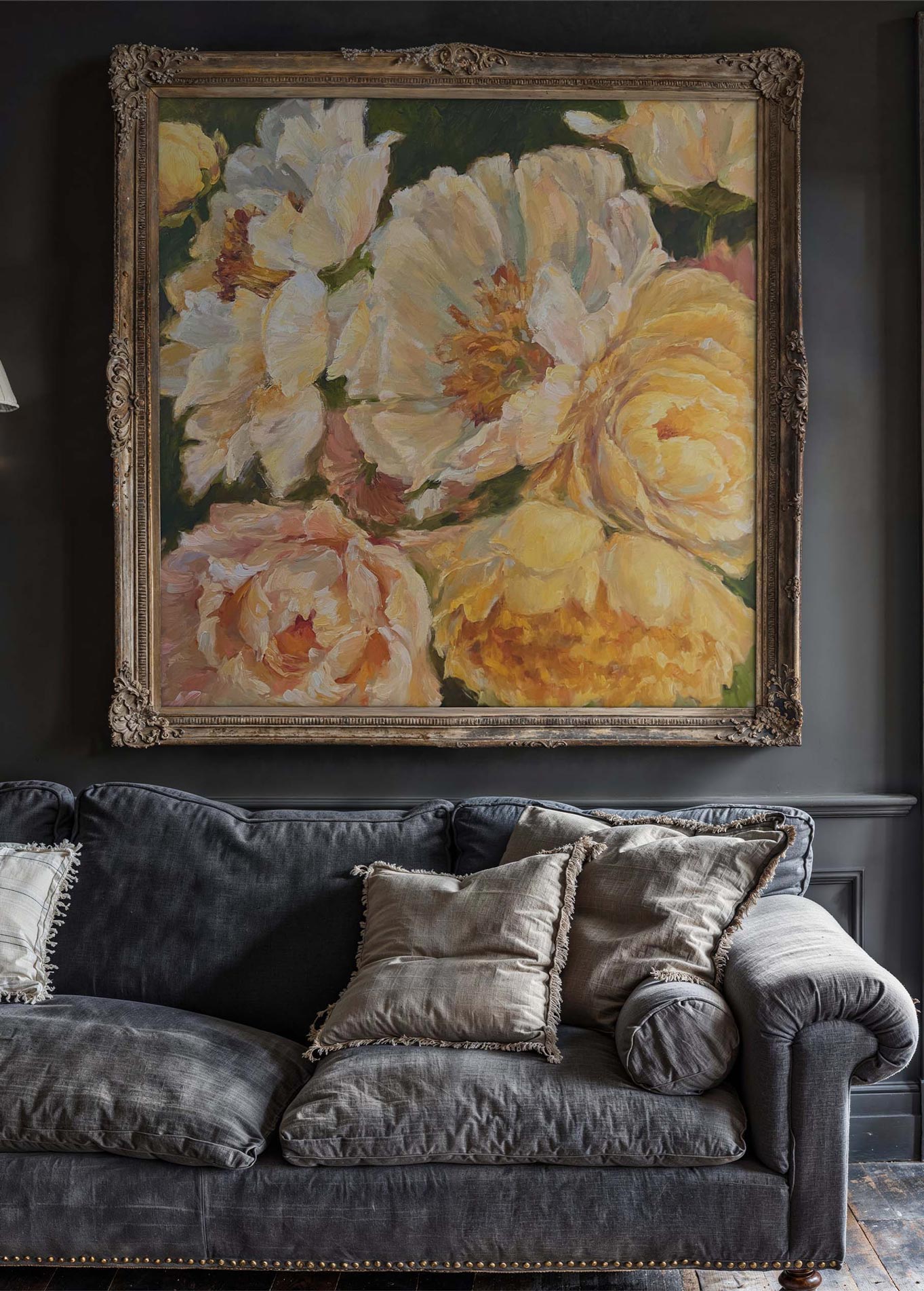 Yellow peony painting styled in livingroom by artist Jennifer Hansen Rolli.