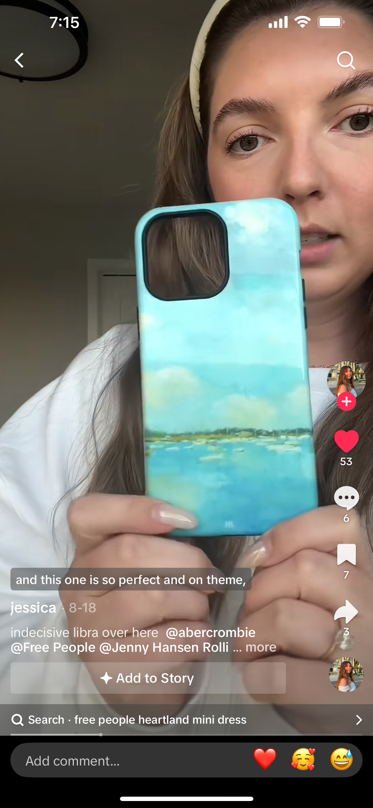 girl holding Phone case with painting by Jennifer Hansen Rolli of coastal blue water and sky with boats