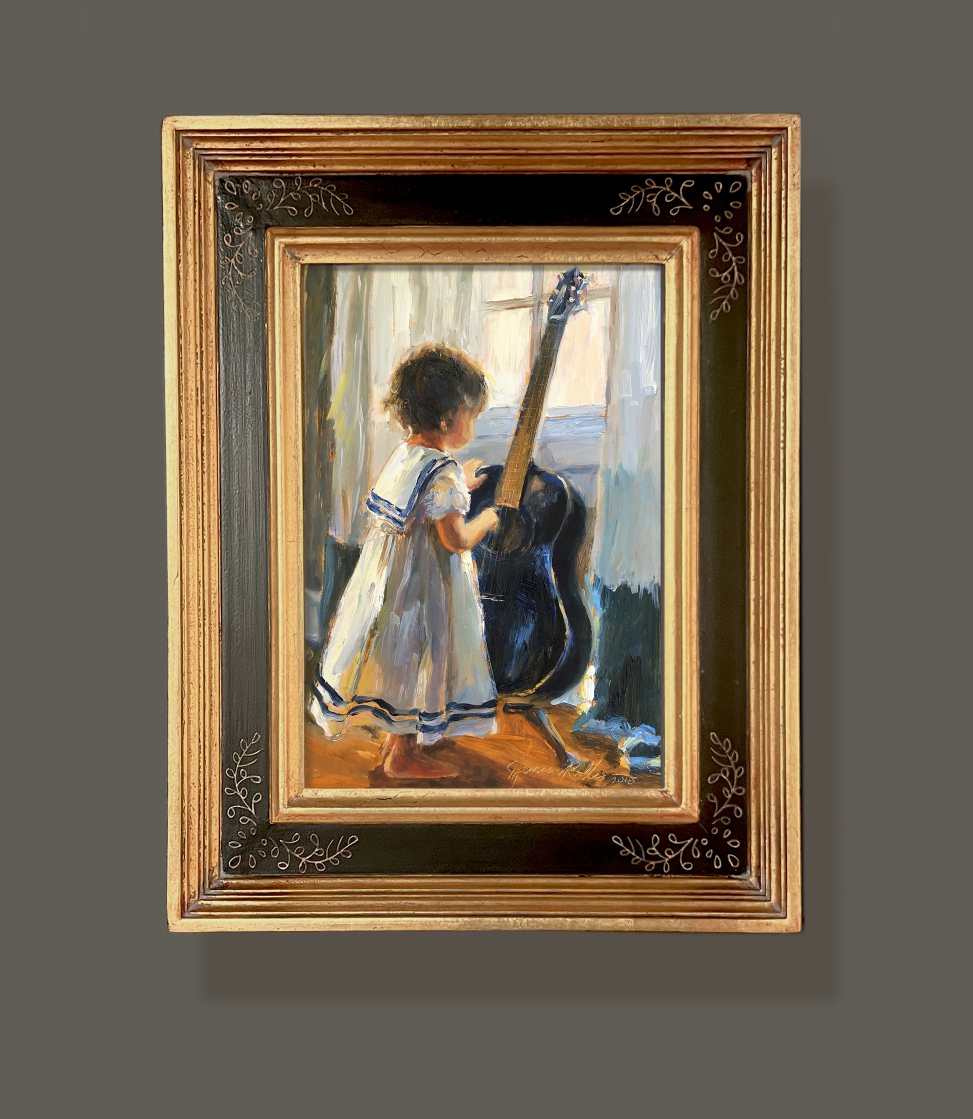 In Tune framed oil painting featuring a little girl standing with a guitar. By artist Jennifer Hansen Rolli.