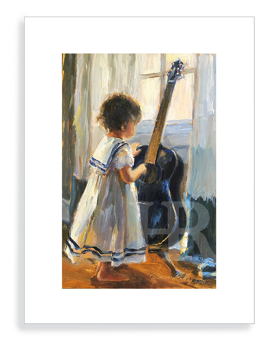 In Tune framed oil painting print featuring a little girl standing with a guitar. By artist Jennifer Hansen Rolli.