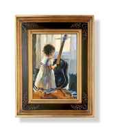 In Tune gold framed oil painting featuring a little girl standing with a guitar. By artist Jennifer Hansen Rolli.