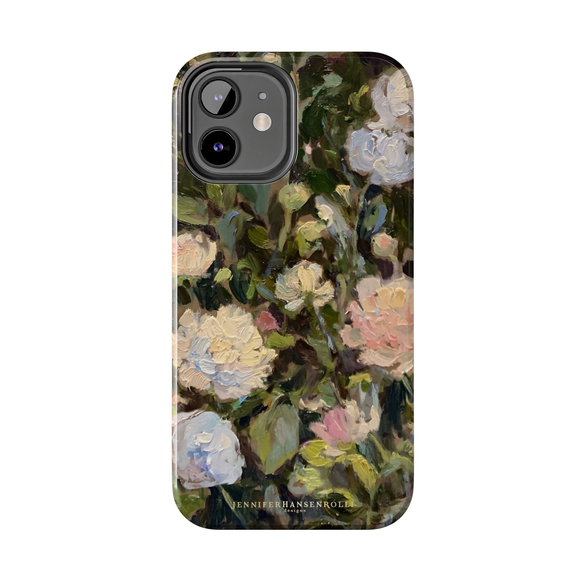 Iphone 12 case featuring a budding peony painting by artist Jennifer Hansen Rolli.
