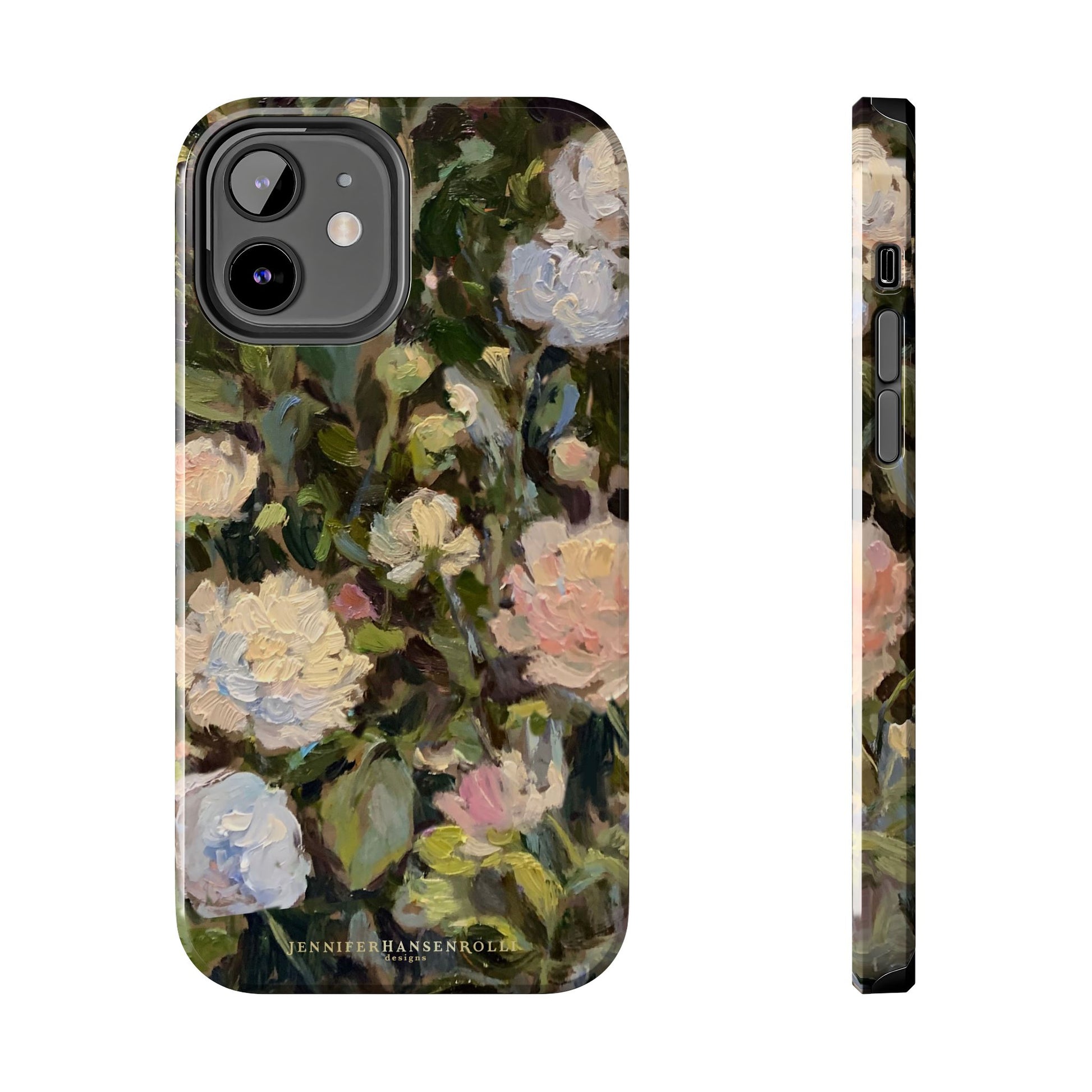 Iphone 12 case featuring a budding peony painting by artist Jennifer Hansen Rolli.