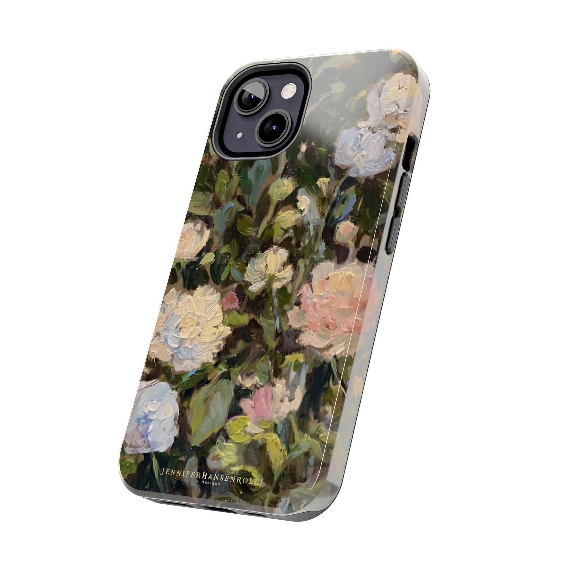 iPhone 13 case side view featuring a budding peony painting by artist Jennifer Hansen Rolli.