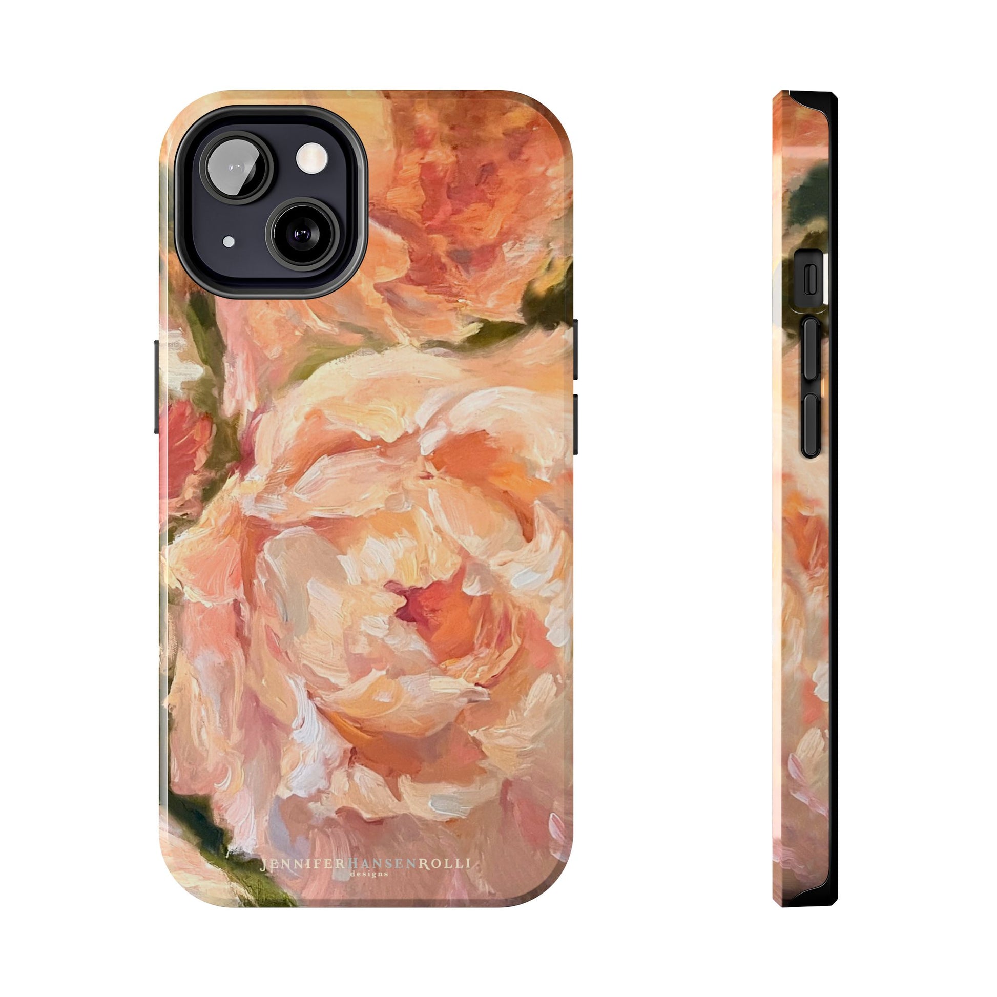 iPhone 13 case featuring a pink peony painting by artist Jennifer Hansen Rolli.
