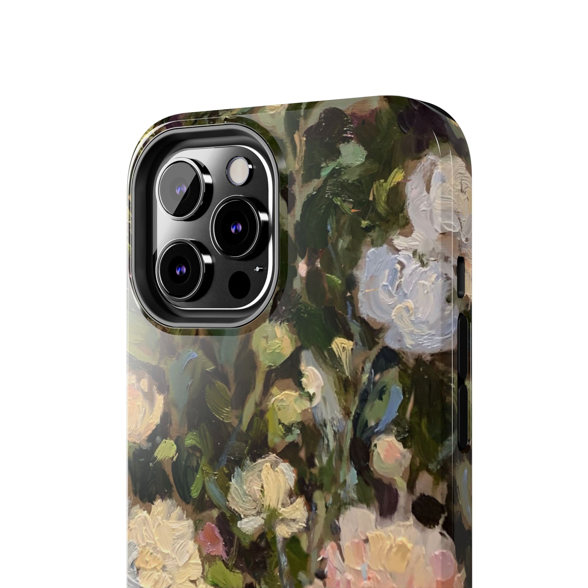 iPhone 13 Pro case close up featuring a budding peony painting by artist Jennifer Hansen Rolli.
