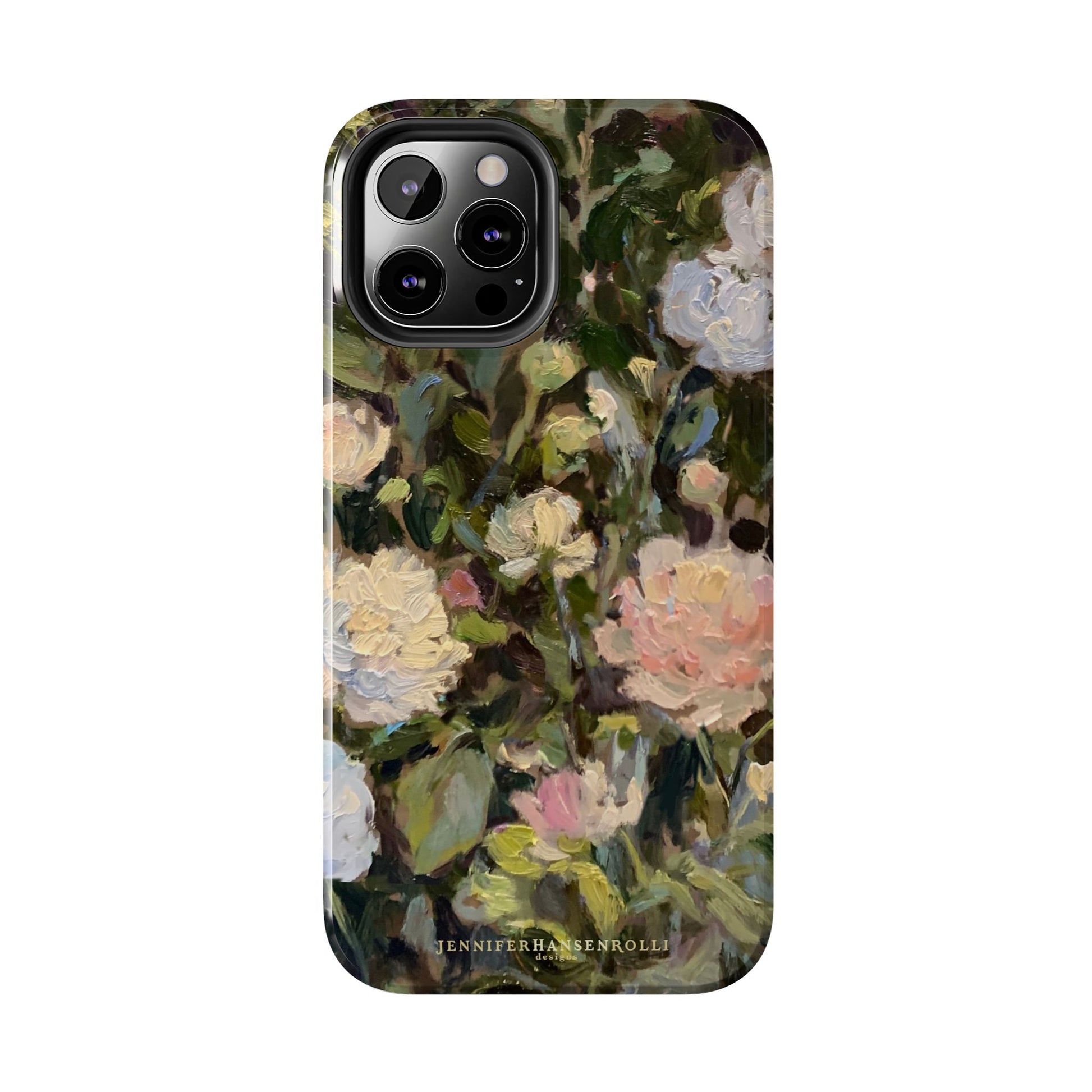 iPhone 13 Pro case details featuring a budding peony painting by artist Jennifer Hansen Rolli.