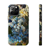 Iphone 13 pro max phone case featuring a blue hydrangea flower painting.