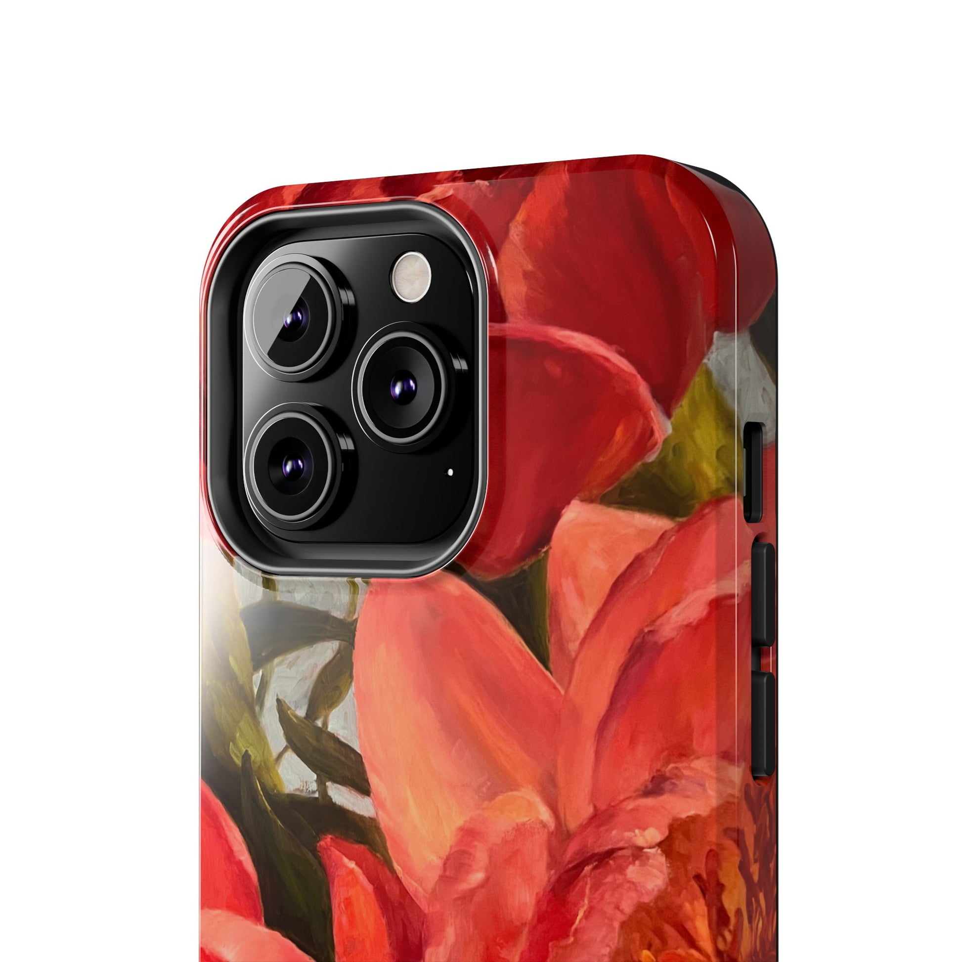 iPhone 13 pro max camera details featuring a red peony painting by artist Jennifer Hansen Rolli.