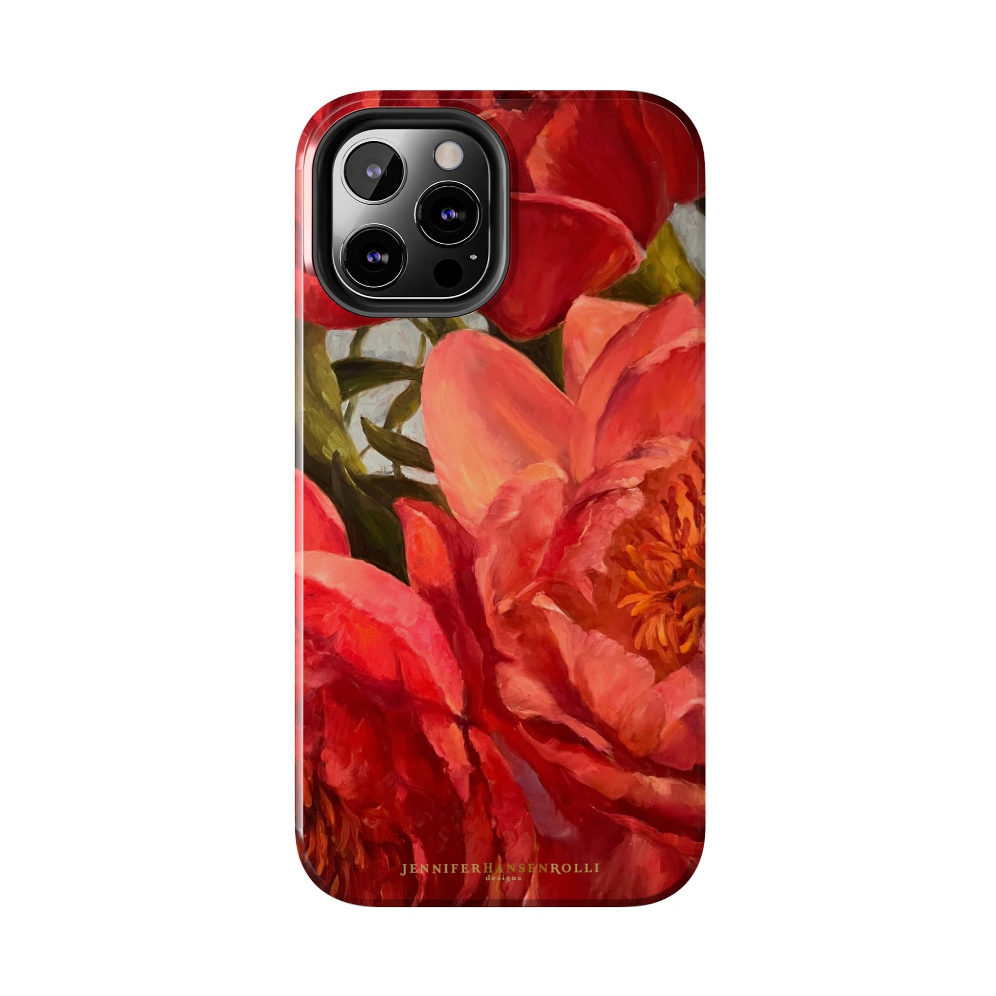 iPhone 13 pro max phone case details featuring a red peony painting by artist Jennifer Hansen Rolli.