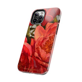 iPhone 13 pro max phone case side view featuring a red peony painting by artist Jennifer Hansen Rolli.
