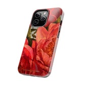 iPhone 13 pro phone case side view featuring a red peony painting by artist Jennifer Hansen Rolli.
