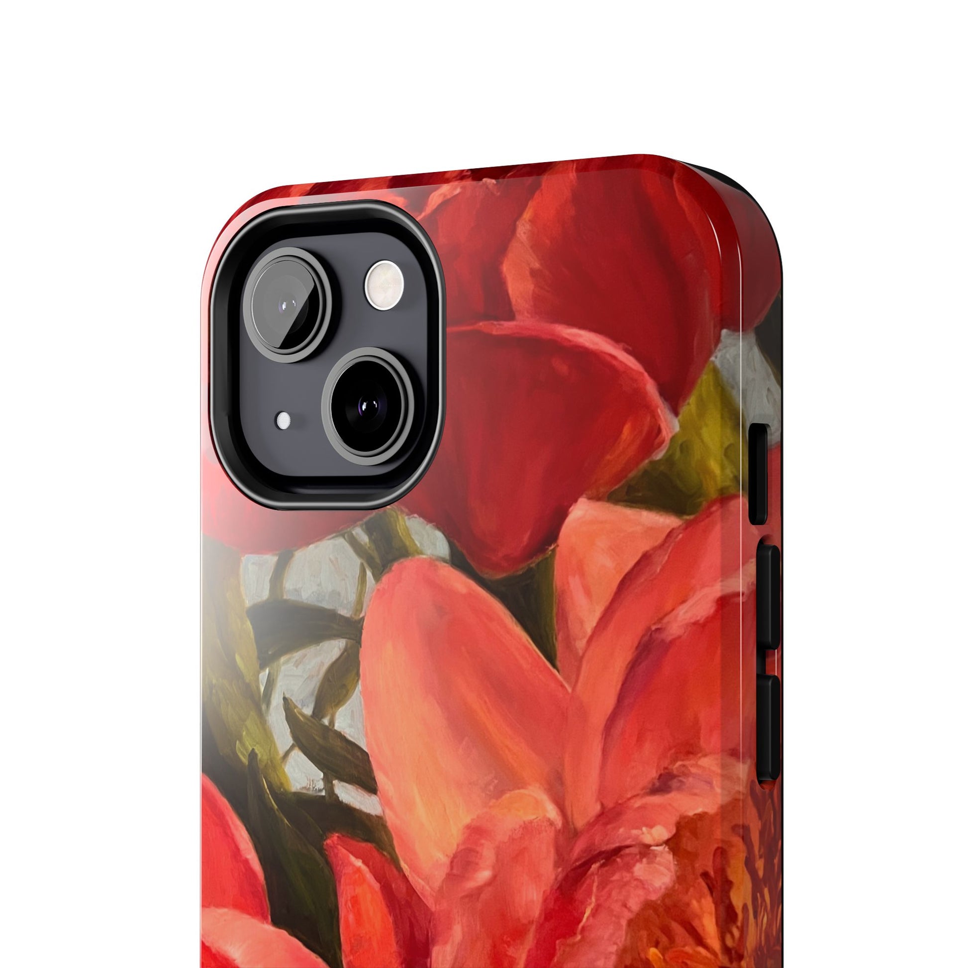 iPhone 13 phone case close up featuring a red peony painting by artist Jennifer Hansen Rolli.