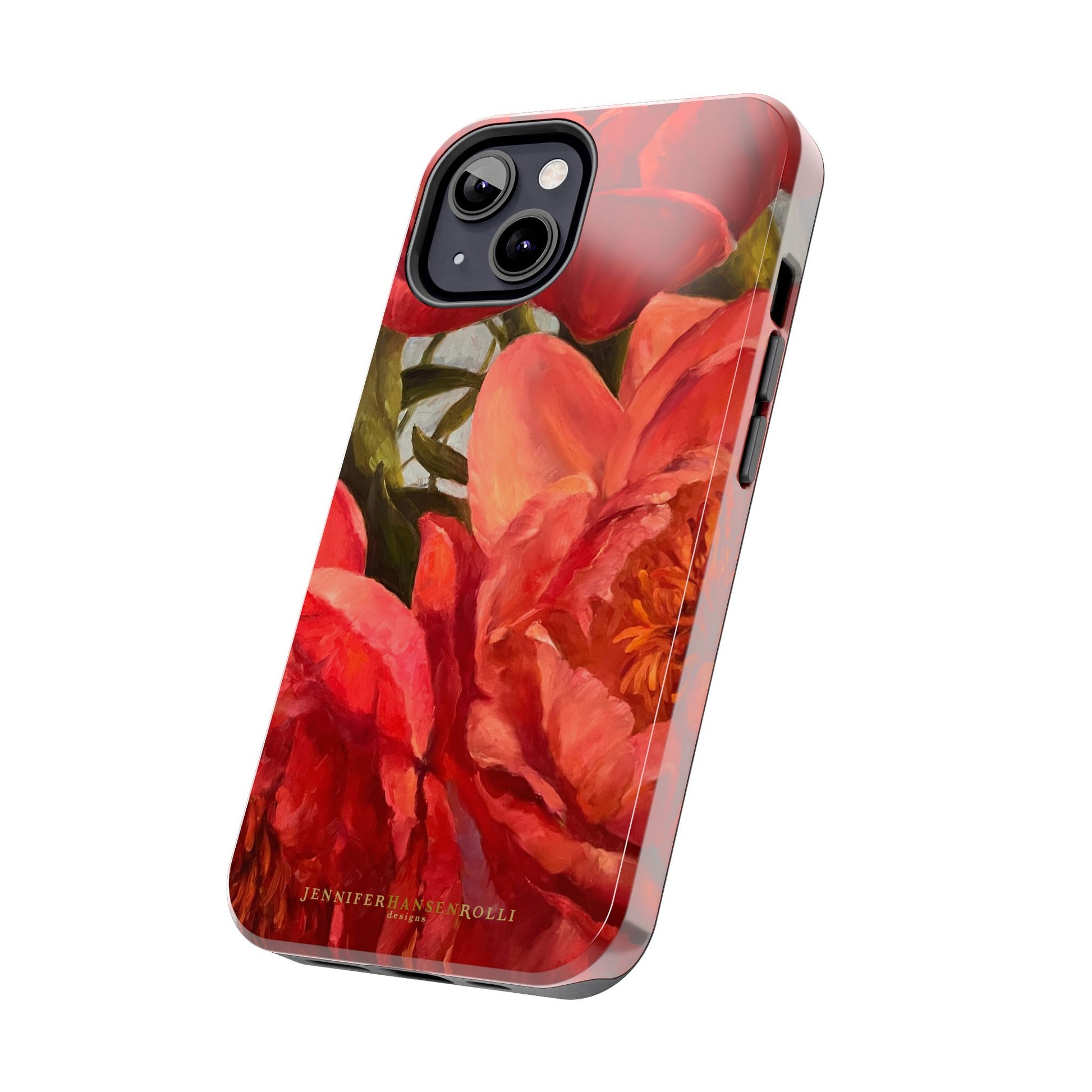 iPhone 13 phone case side view featuring a red peony painting by artist Jennifer Hansen Rolli.