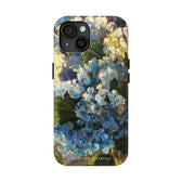 Iphone 15 phone case featuring a blue hydrangea flower painting.