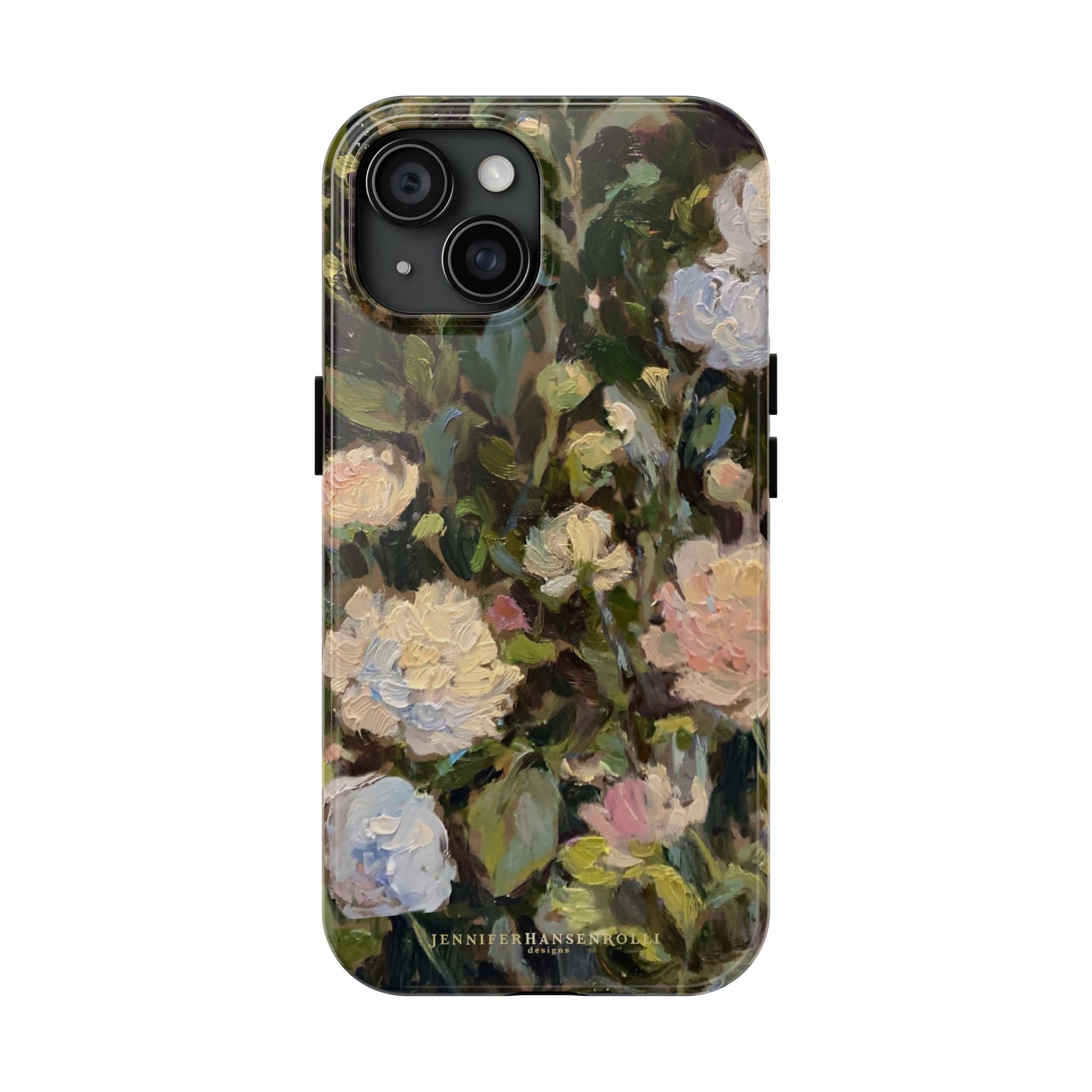 Iphone 15 phone case featuring a budding peony artwork by artist Jennifer Hansen Rolli.