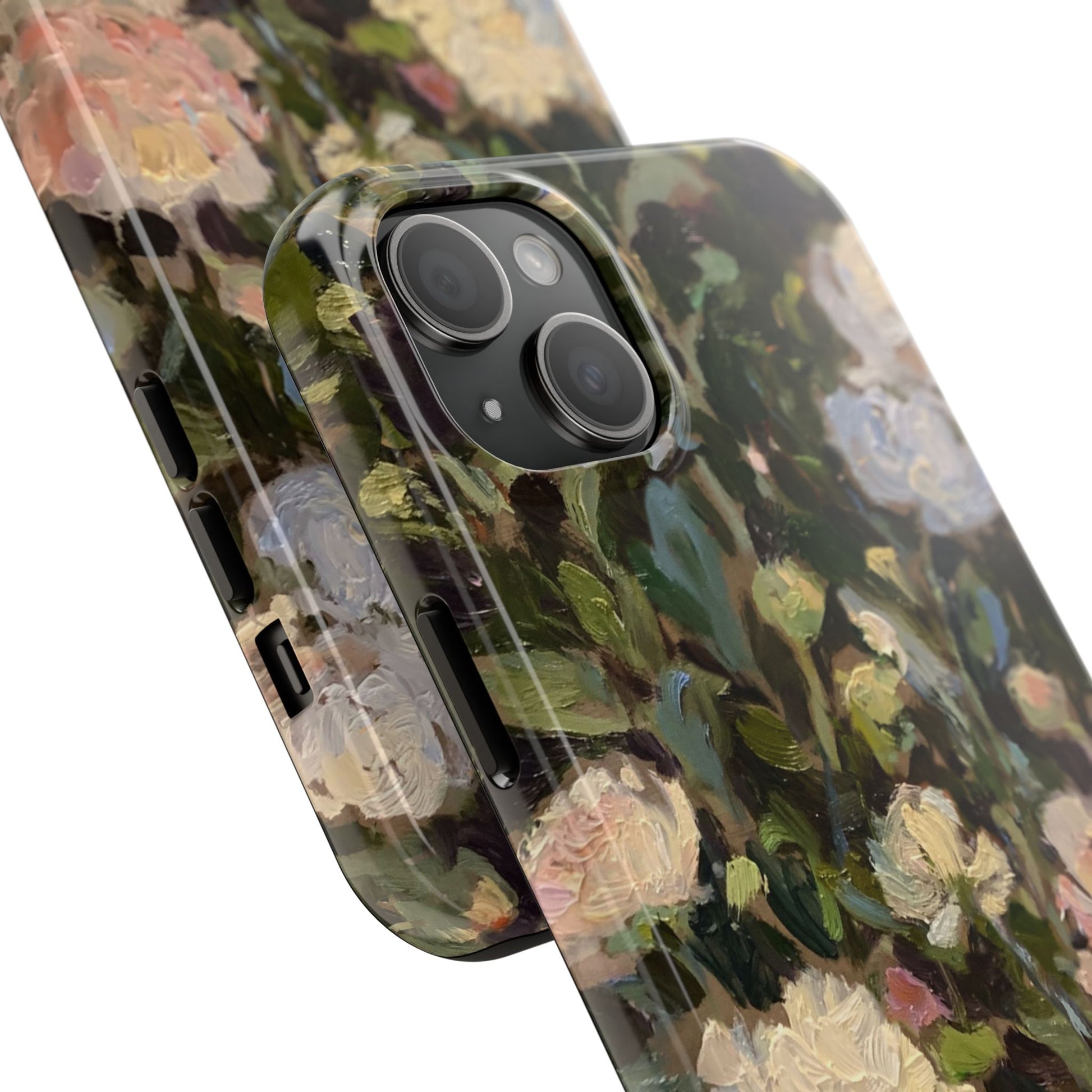 iPhone 15 case camera close up featuring the budding peony painting by artist Jennifer Hansen Rolli.