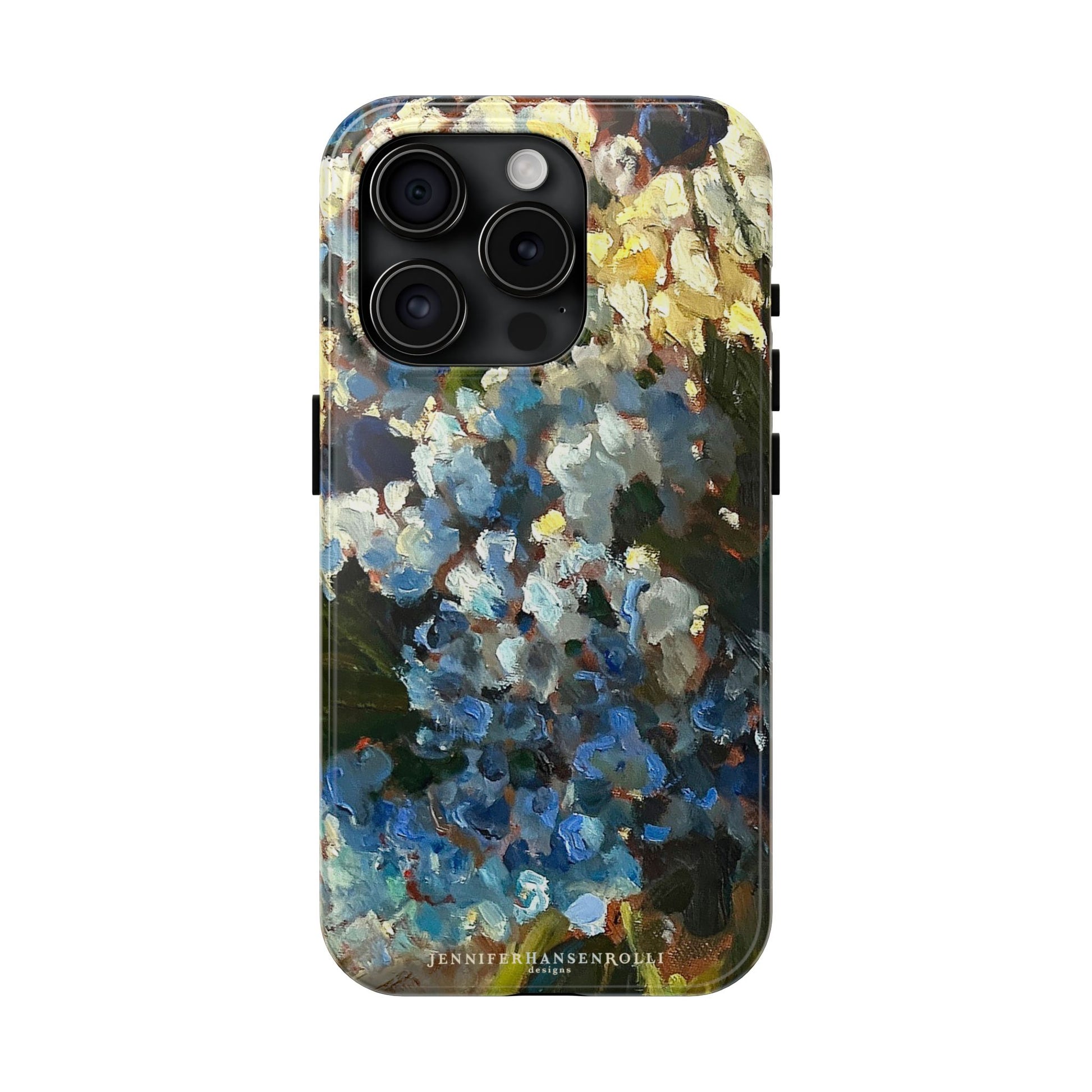 Iphone 15 pro phone case featuring a blue hydrangea flower painting.