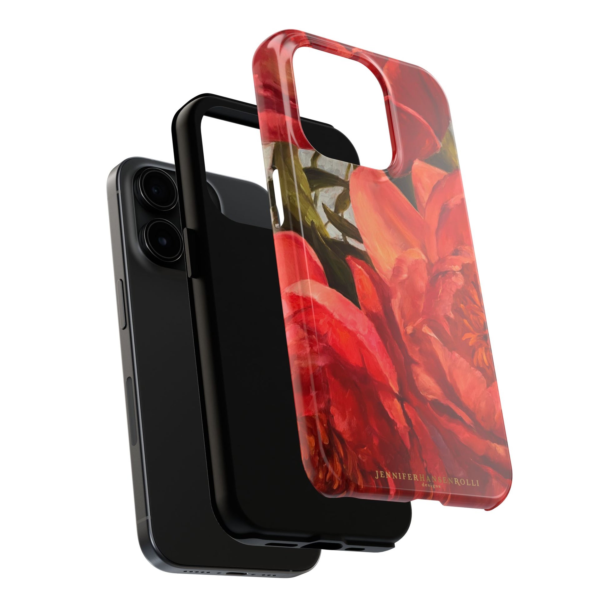 iPhone 15 pro impact resistant case details featuring a red peony painting by artist Jennifer Hansen Rolli.