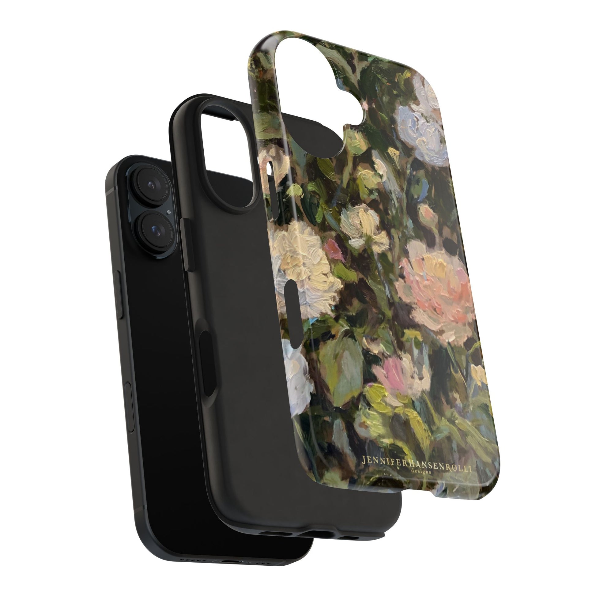 iPhone 16 impact resistant case details featuring a budding peony painting by artist Jennifer Hansen Rolli.