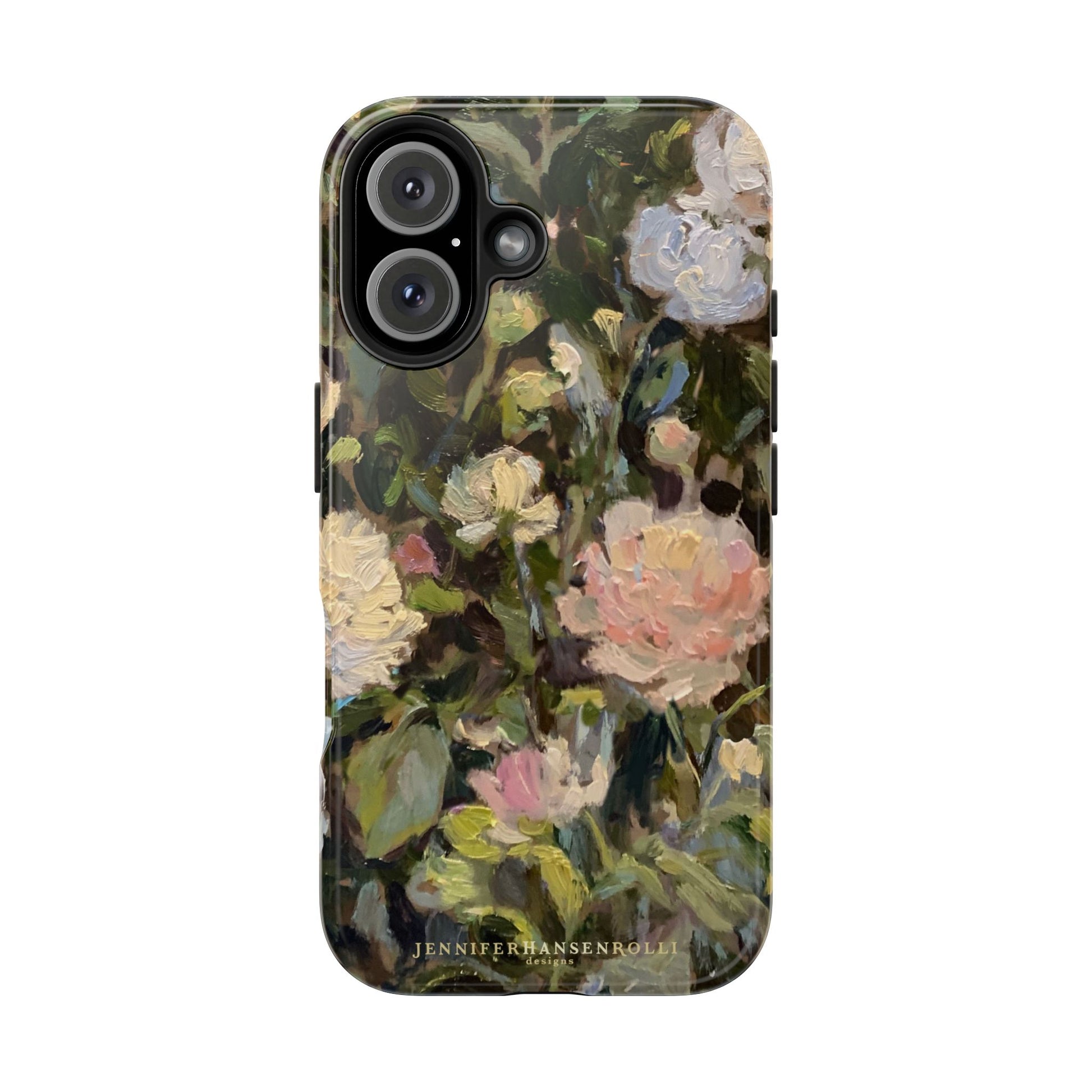 Iphone 16 case featuring a budding peony painting by artist Jennifer Hansen Rolli.
