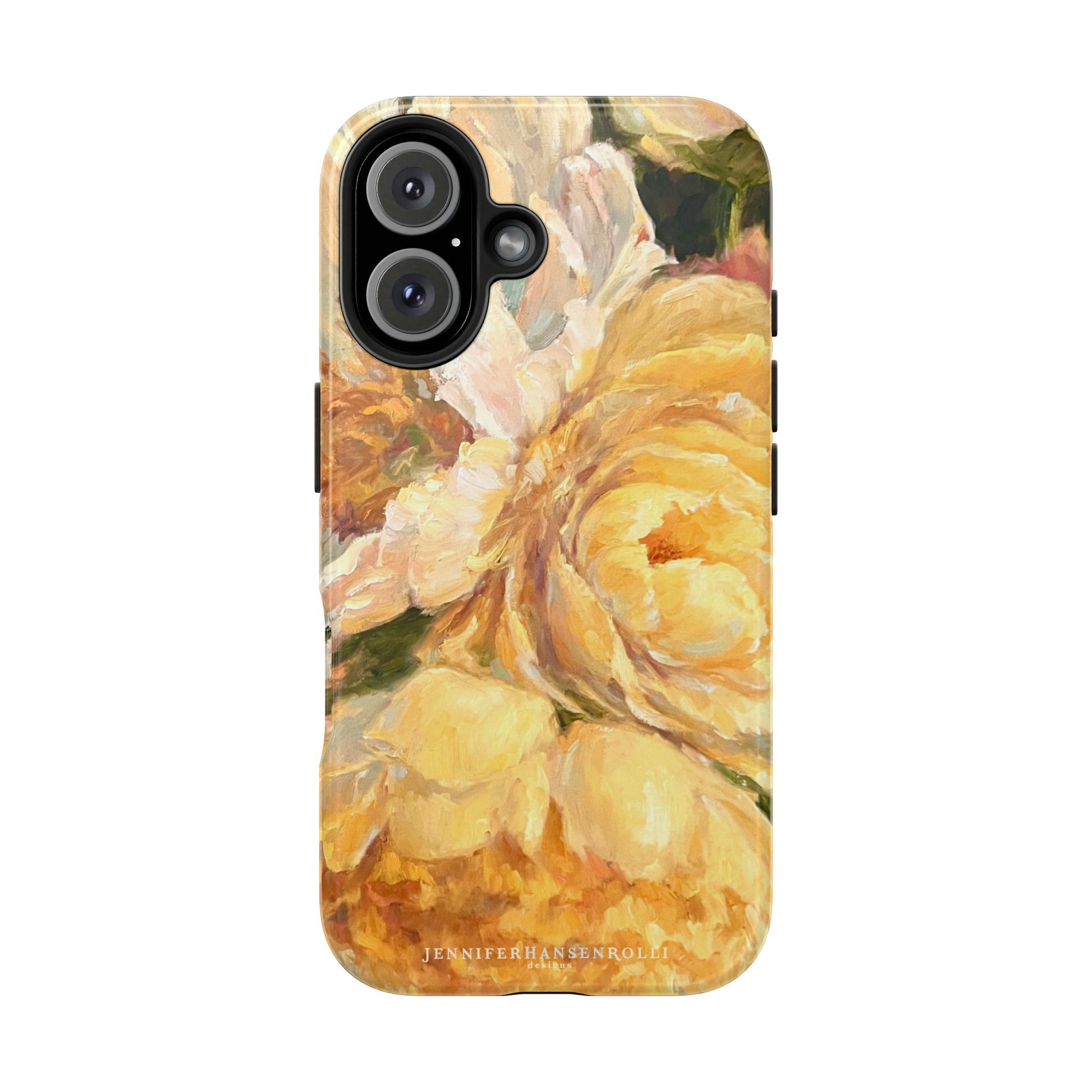 iPhone 16 phone case featuring a yellow peony painting by artist Jennifer Hansen Rolli.
