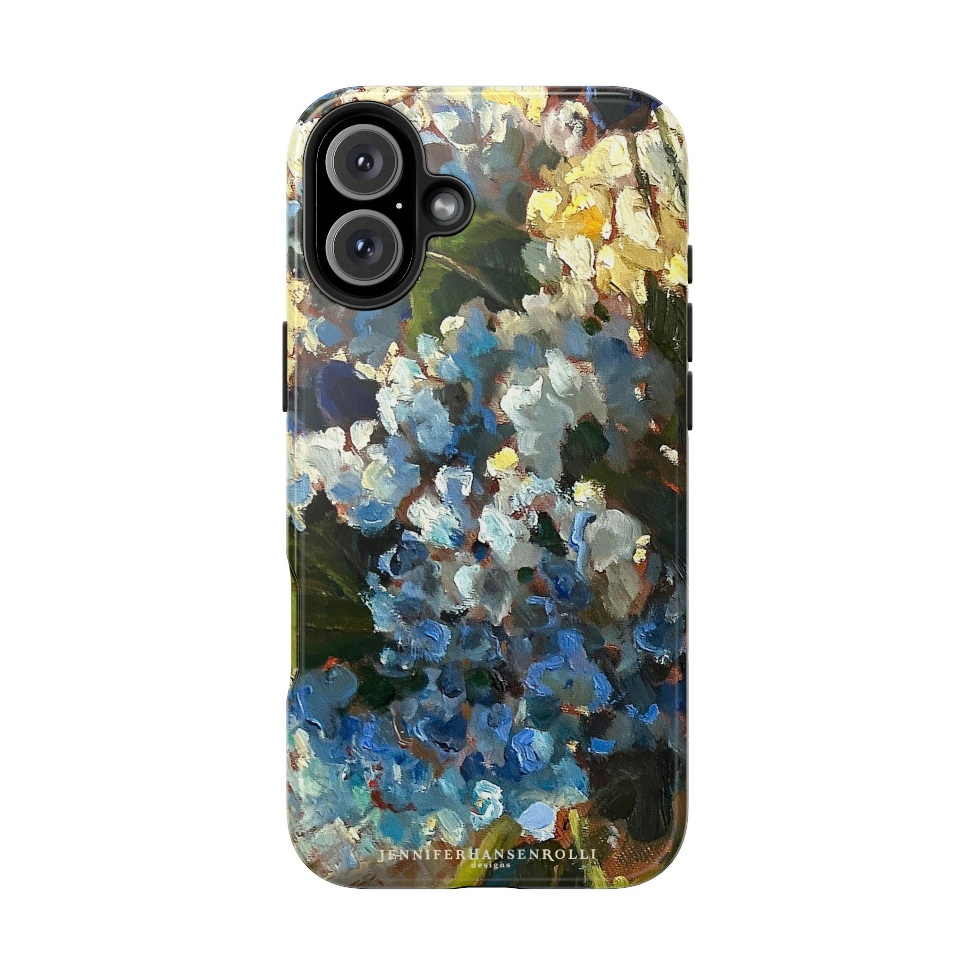 Iphone 16 plus phone case featuring a blue hydrangea flower painting.