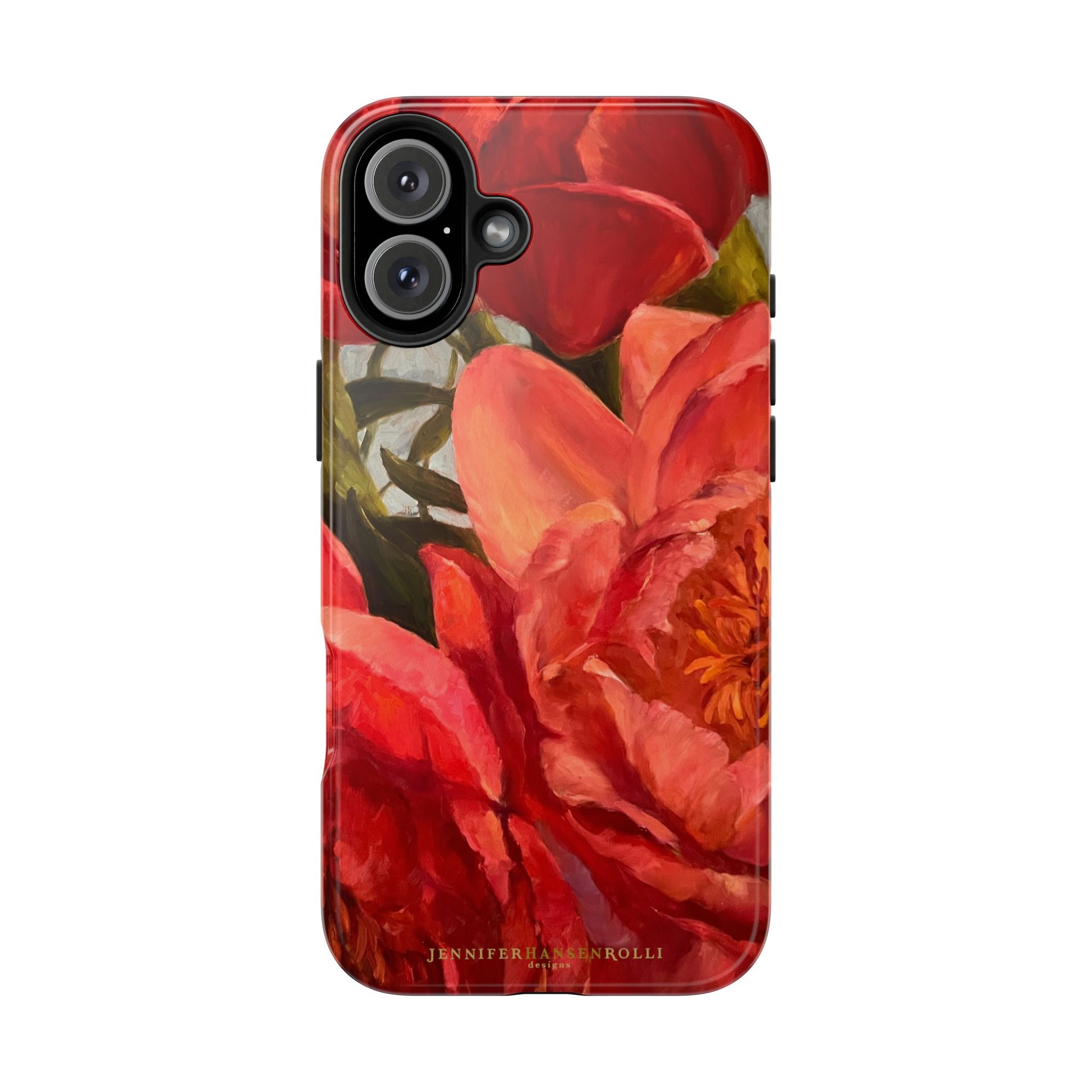 iPhone 16 plus phone case featuring a red peony painting by artist Jennifer Hansen Rolli.
