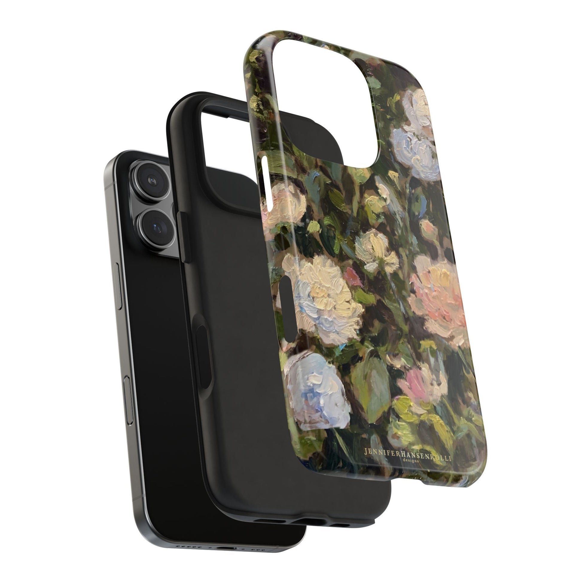 iPhone 16 Pro impact resistant case details featuring a budding peony painting by artist Jennifer Hansen Rolli.