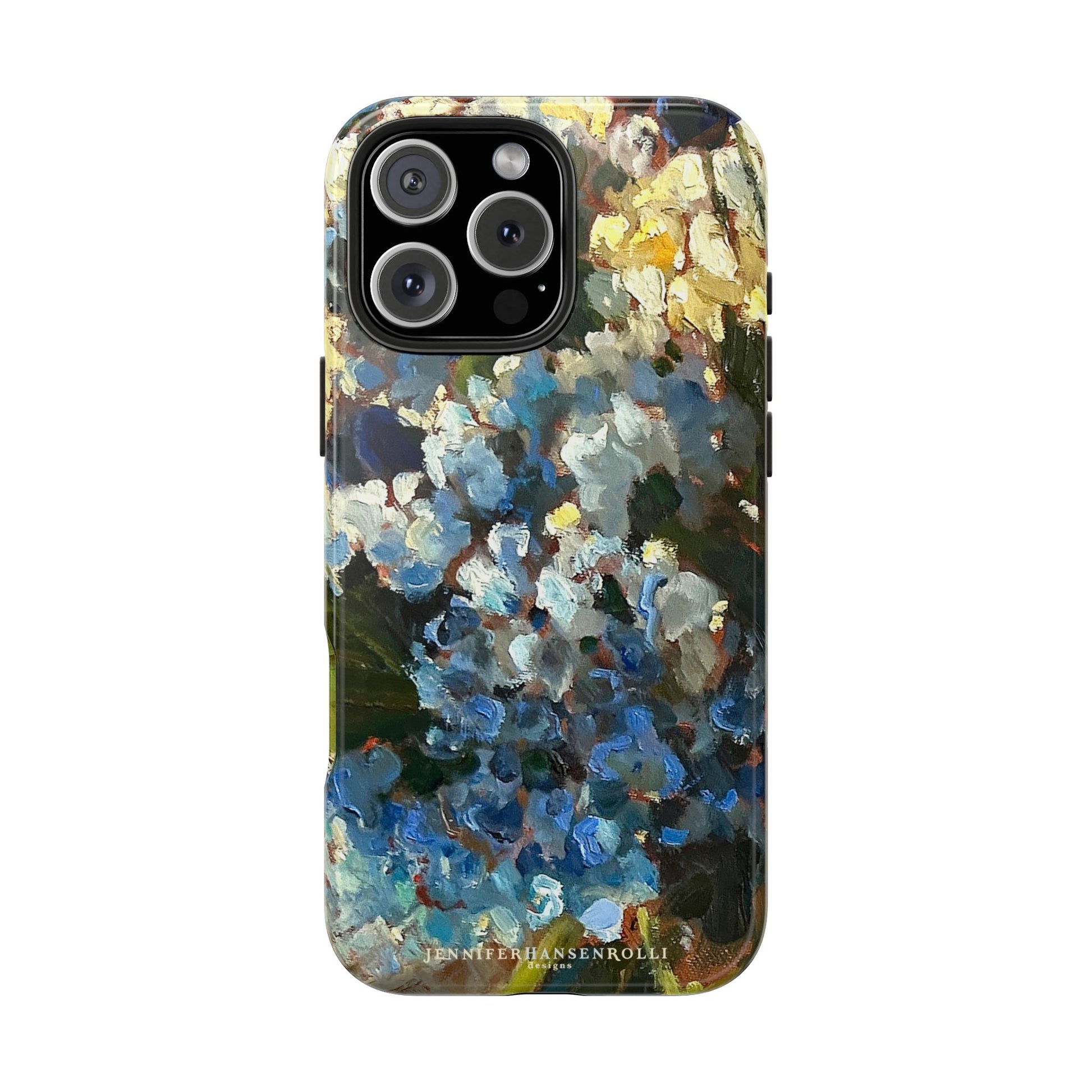 Iphone 16 pro max phone case featuring a blue hydrangea flower painting.