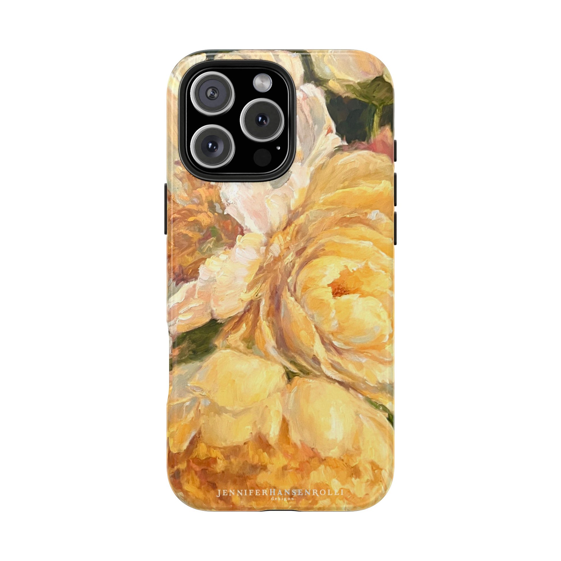 iPhone 16 pro max phone case featuring a yellow peony painting by artist Jennifer Hansen Rolli.
