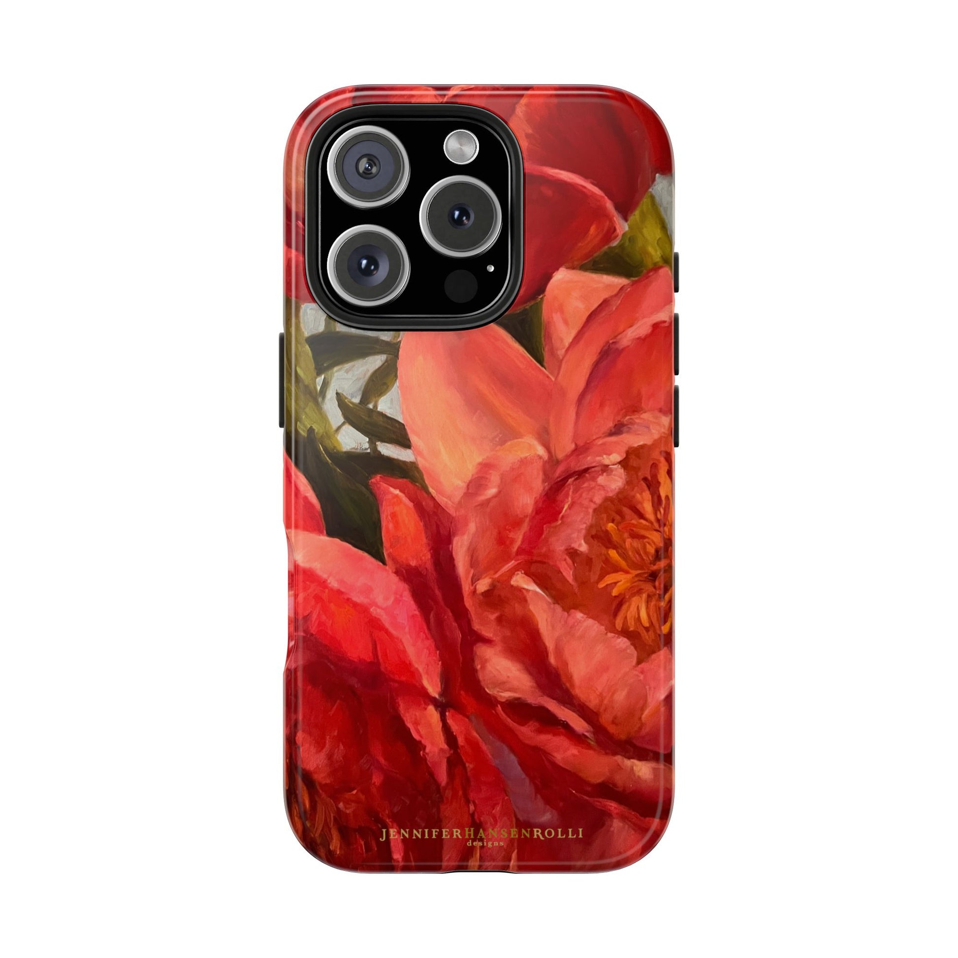 Iphone 16 pro max phone case featuring a red peony painting by artist Jennifer Hansen Rolli.
