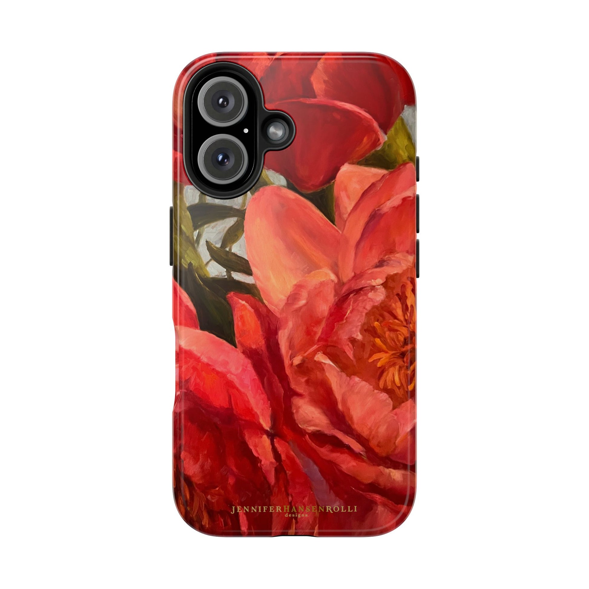 iPhone 16 phone case featuring a red peony painting by artist Jennifer Hansen Rolli.