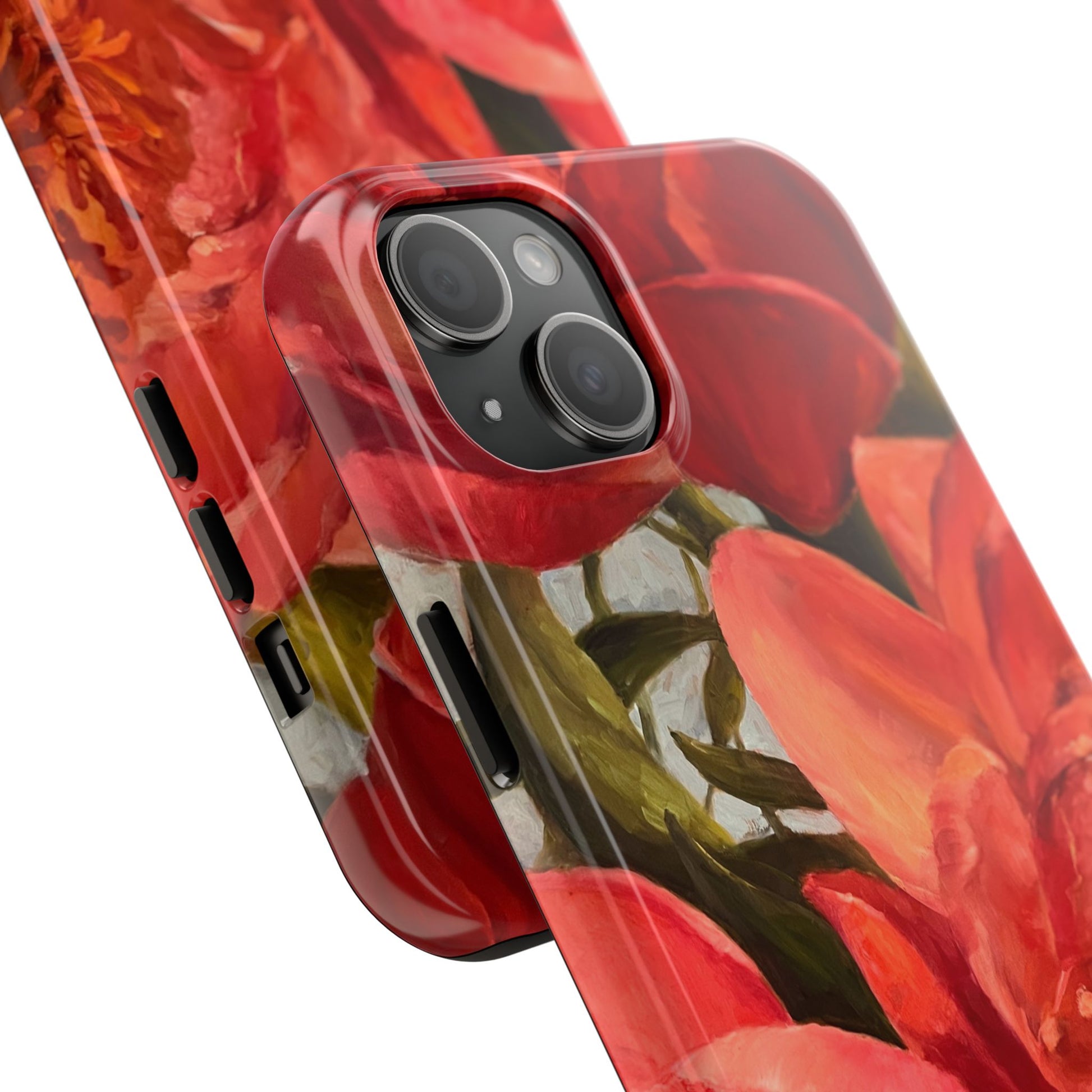 A close up image of an Iphone camera showing the details of the Red Peony impact resistant phone case.