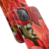 A close up image of an Iphone camera showing the details of the Red Peony impact resistant phone case.