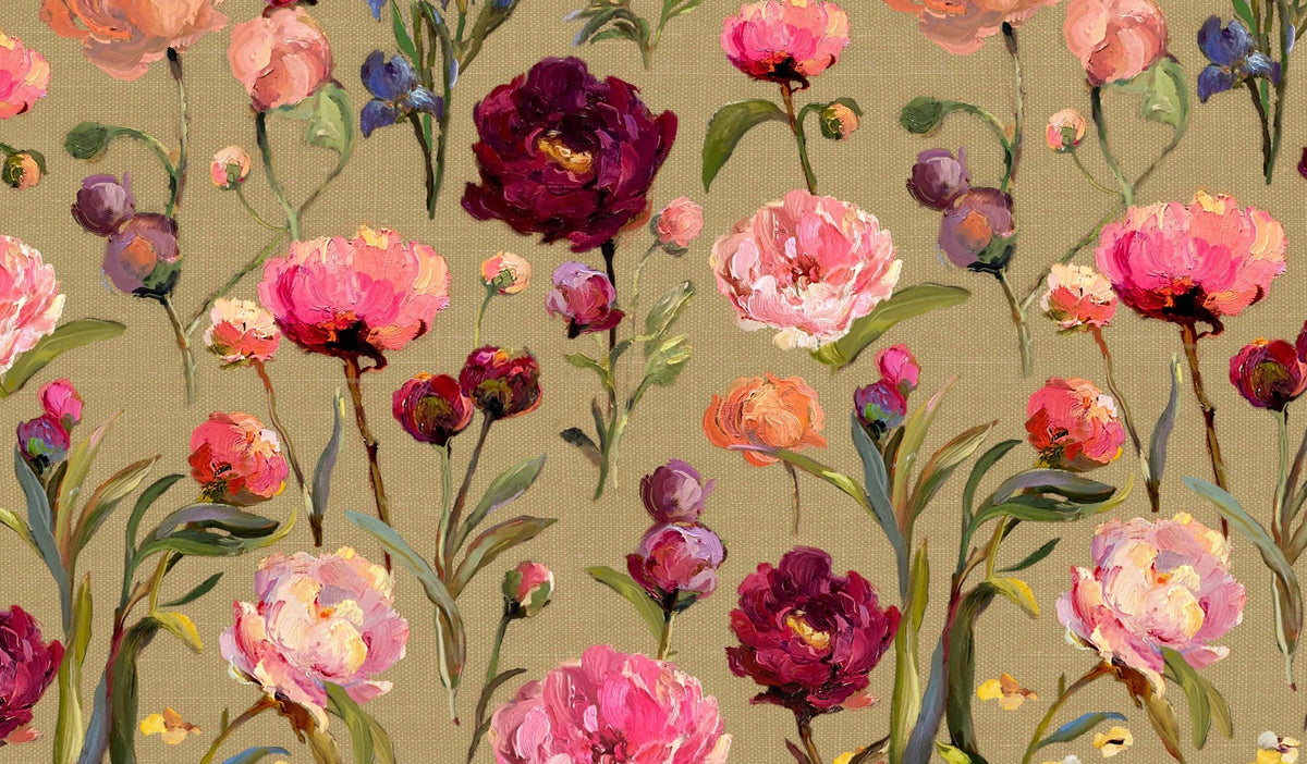 A floral art print featuring a dense arrangement of colorful flowers, including pink, red, orange, and blue blossoms with green leaves, set against a textured beige background.