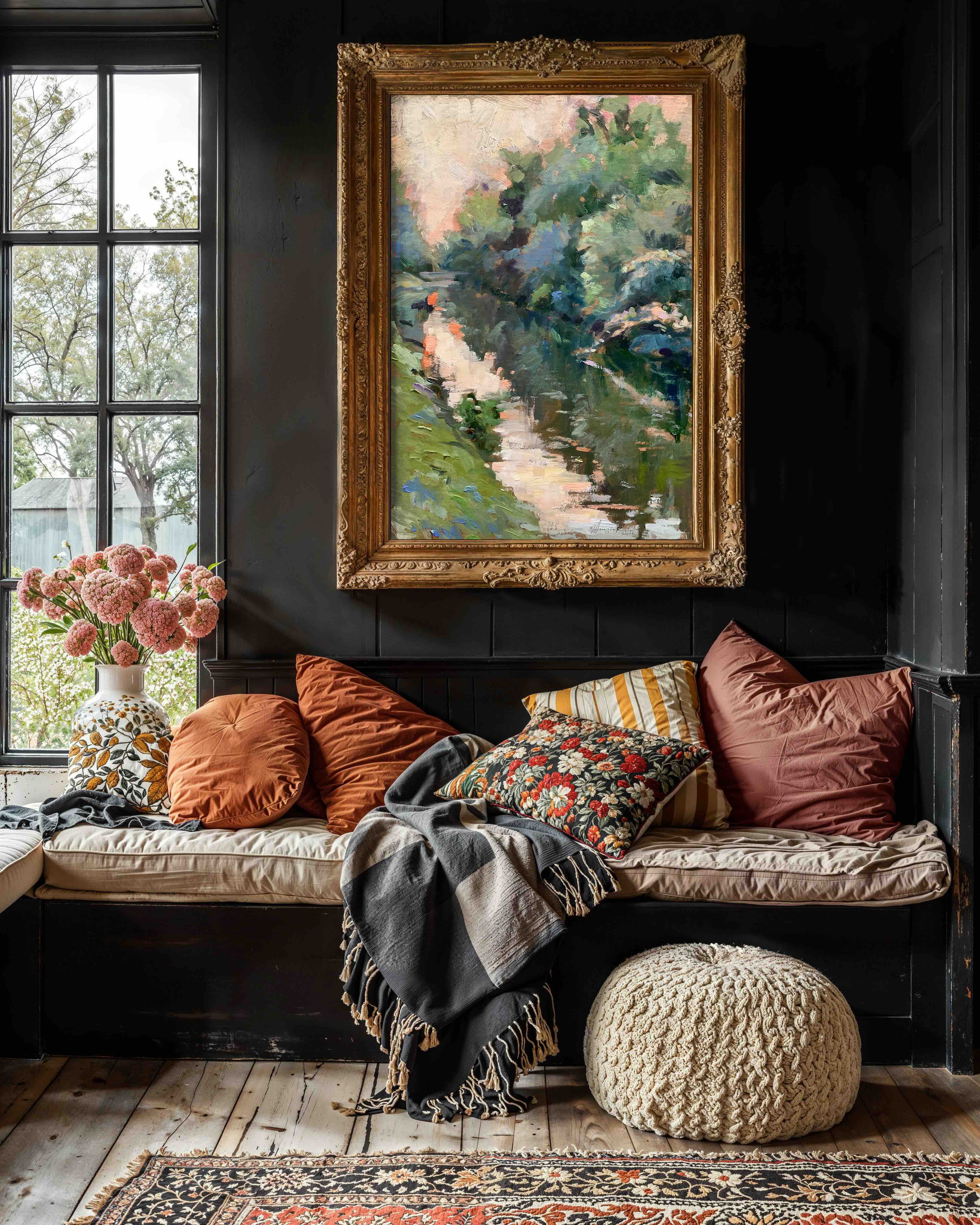 Cozy living room with a window seat, cushions, and a Jennifer Hansen Rolli framed painting on the wall.