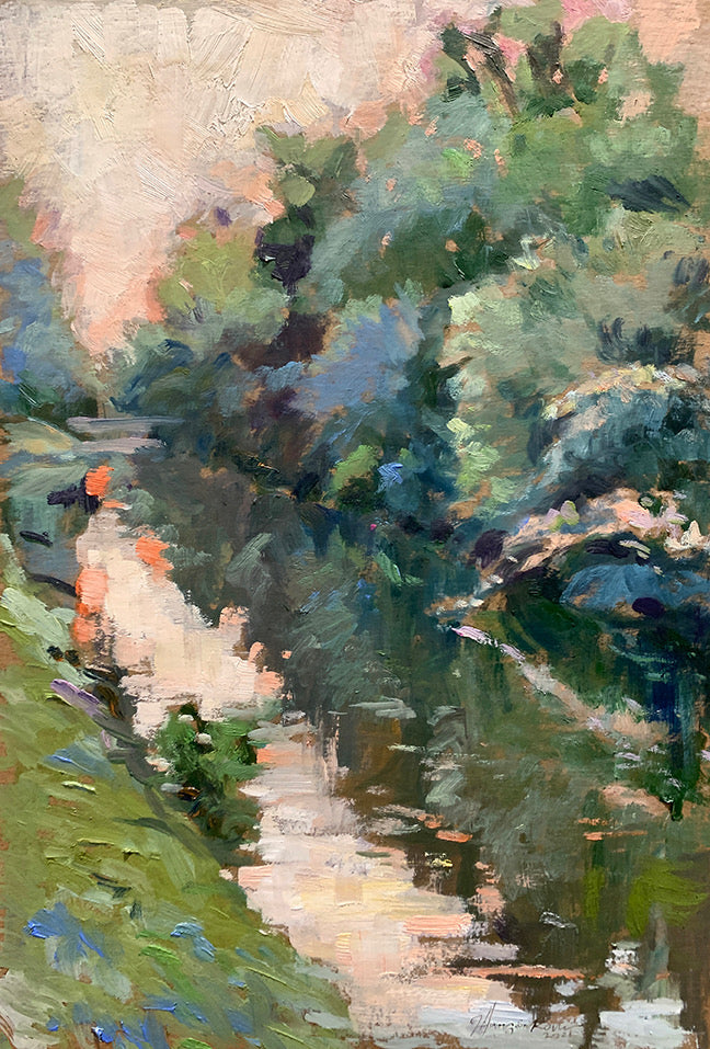 Painting of a landscape with trees and a path