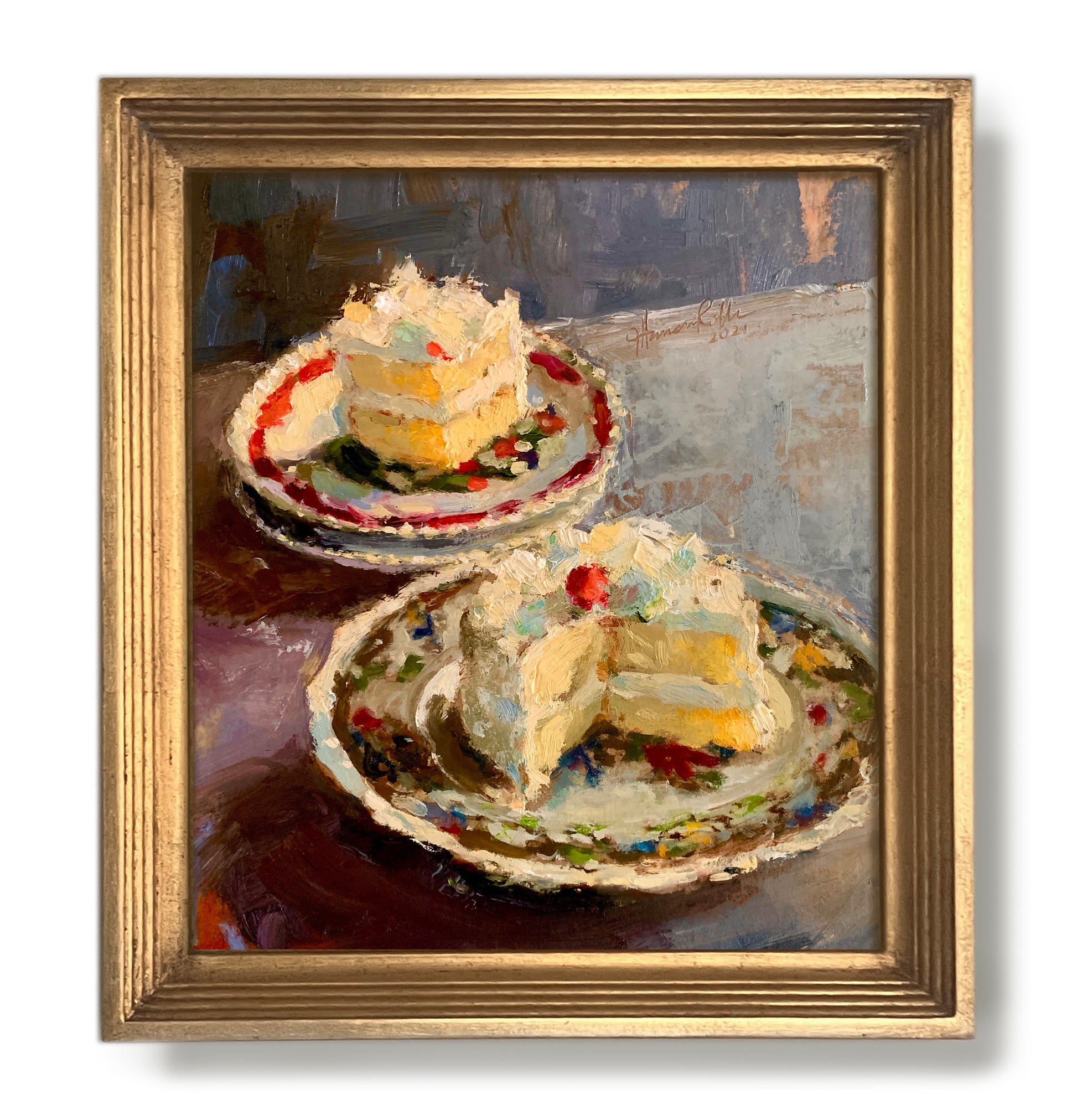 A 10" x 9" oil painting featuring a yellow cake within a gold frame by artist Jennifer Hansen Rolli.