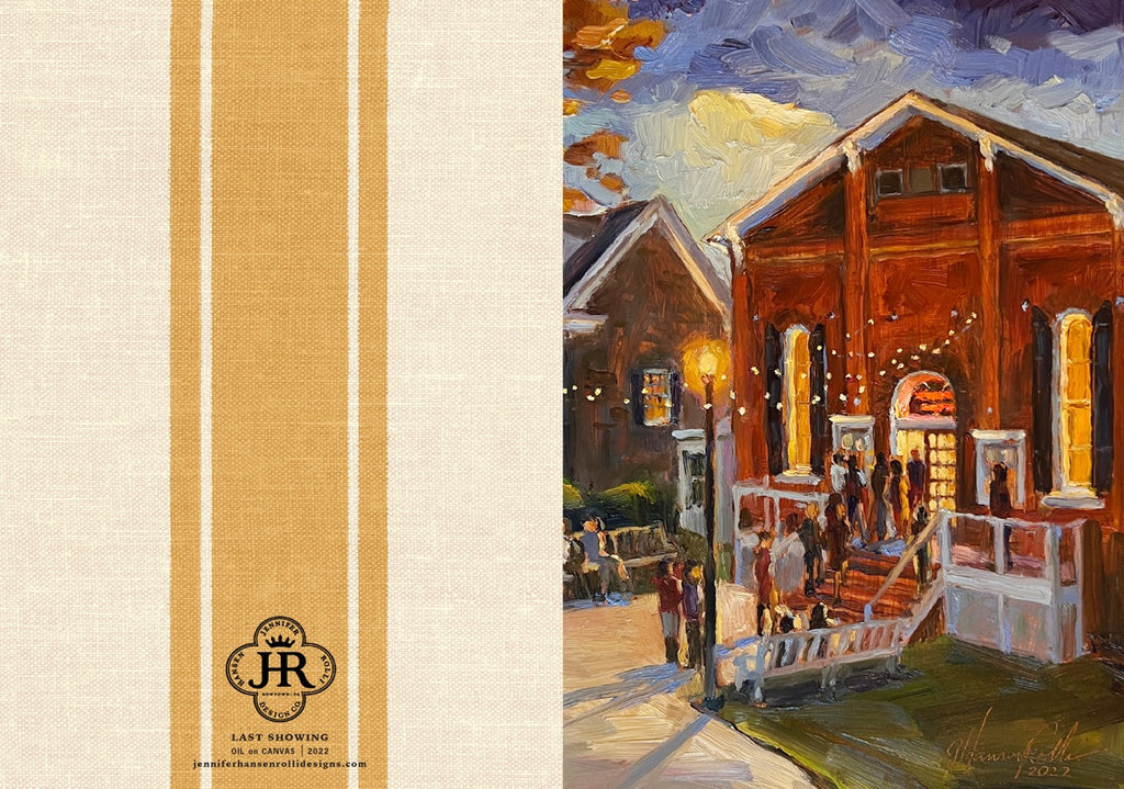 The left side features a textured cream linen background with two vertical mustard-gold stripes and a black 'JR' monogram logo at the bottom; the right side shows an impressionistic painting of a warm evening scene with a red-brown building, glowing windows, and people gathered on the porch.
