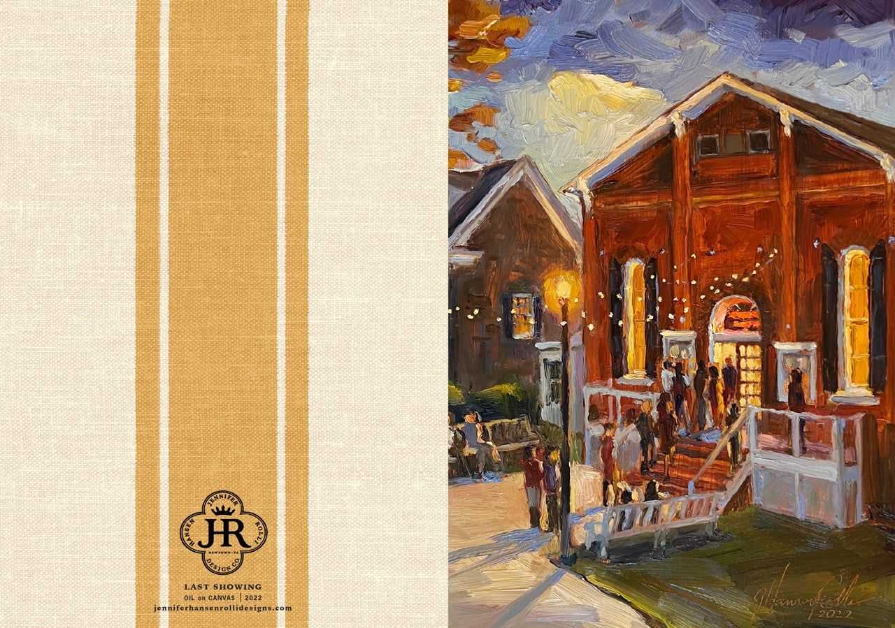 The left side features a textured cream linen background with two vertical mustard-gold stripes and a black 'JR' monogram logo at the bottom; the right side shows an impressionistic painting of a warm evening scene with a red-brown building, glowing windows, and people gathered on the porch.