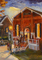 An impressionistic painting of a wooden building with people gathered on its porch and steps, lit by warm yellow lights under a dramatic blue and orange sky.
