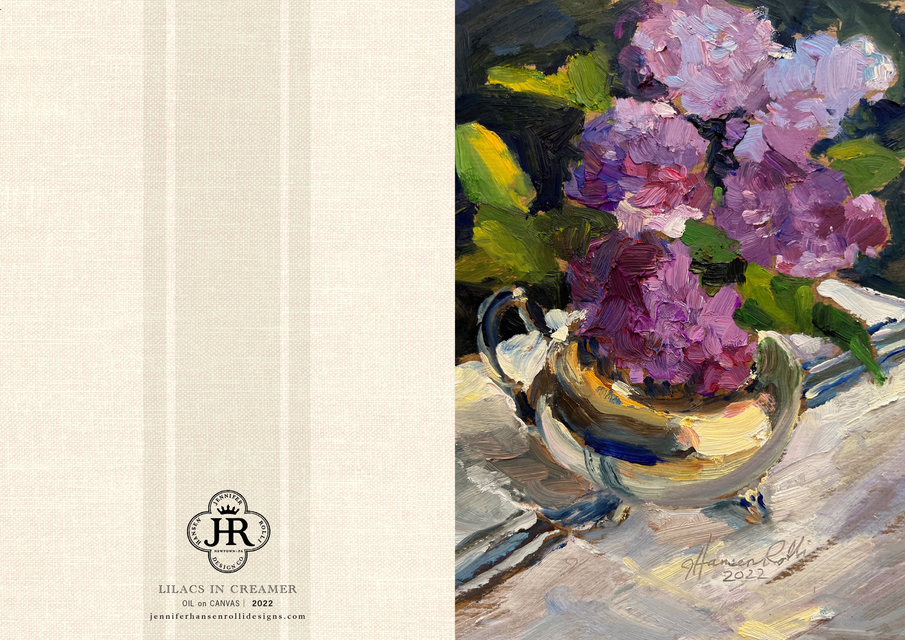 Painting of purple flowers in a silver cup on a textured surface with a light background.