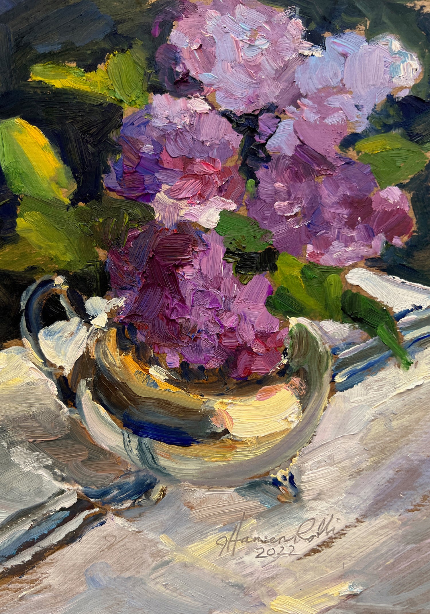 Painting of pink flowers in a silver teacup on a textured surface.