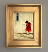 Looking for pockets framed oil painting featuring a little girl in a red dress. By artist Jennifer Hansen Rolli.