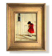 Looking for pockets oil painting featuring a little girl in a red dress. By artist Jennifer Hansen Rolli.