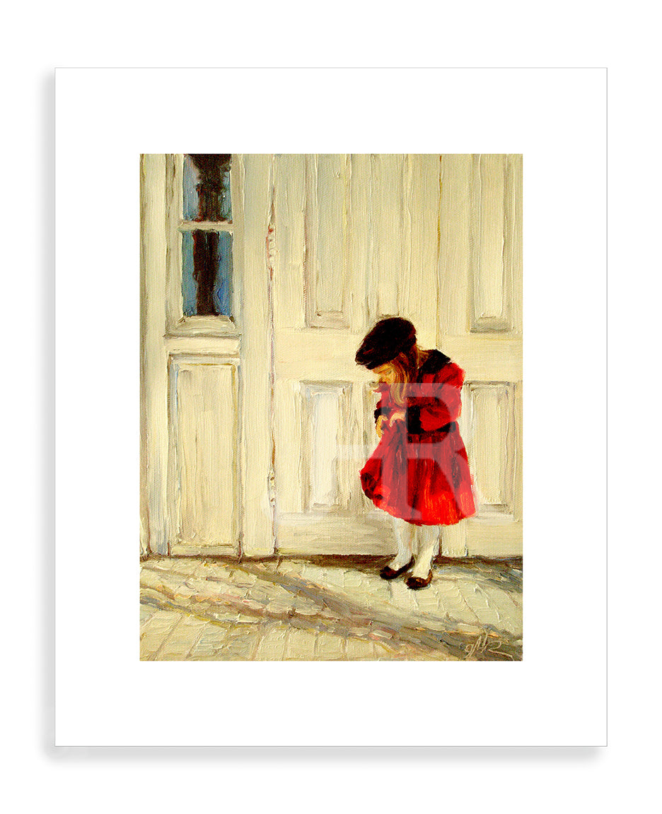 Looking for Pockets oil painting print featuring a little girl in a red dress. By artist Jennifer Hansen Rolli.