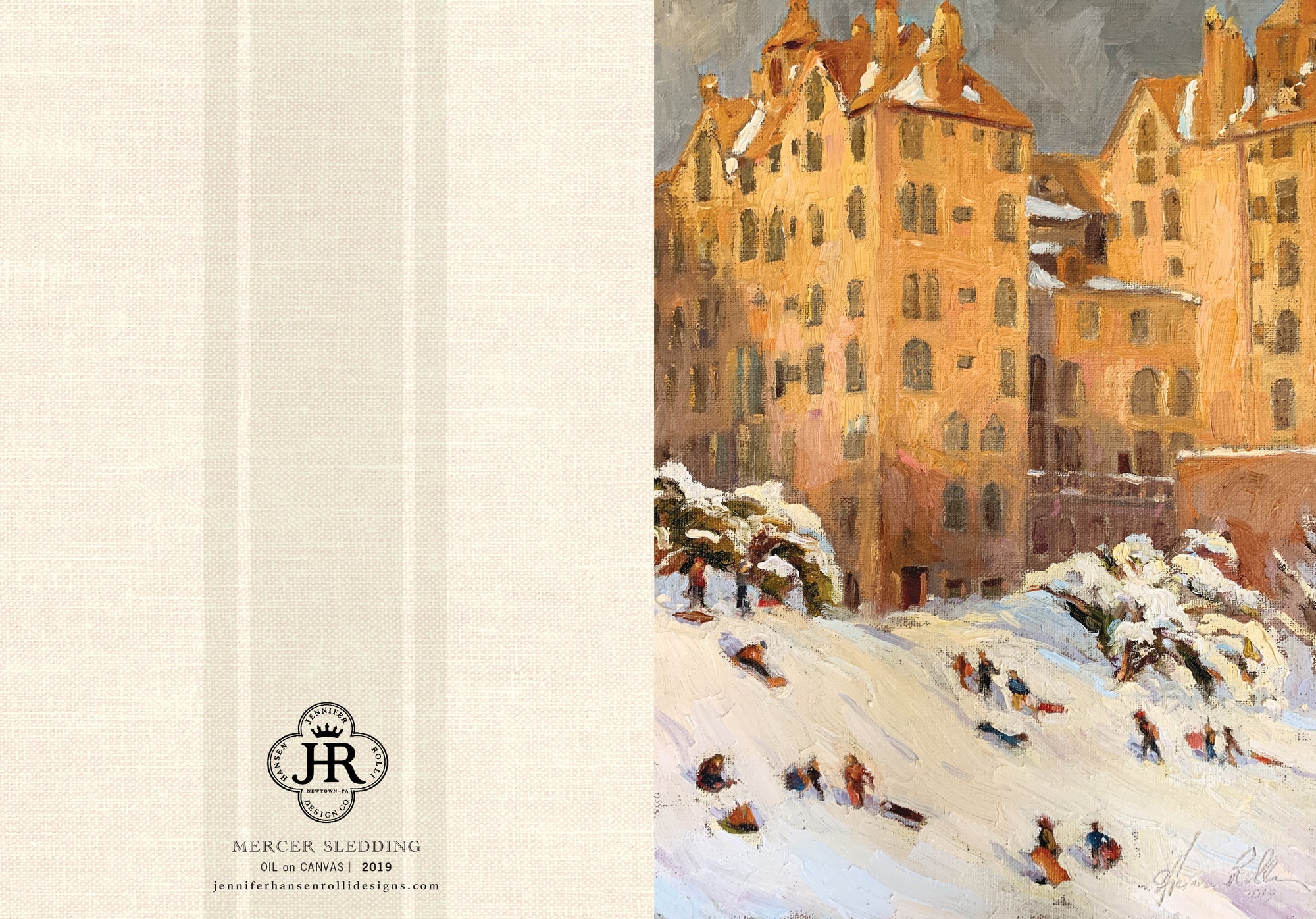 Painting of a snowy street with people sledding, featuring a brand logo on the left.