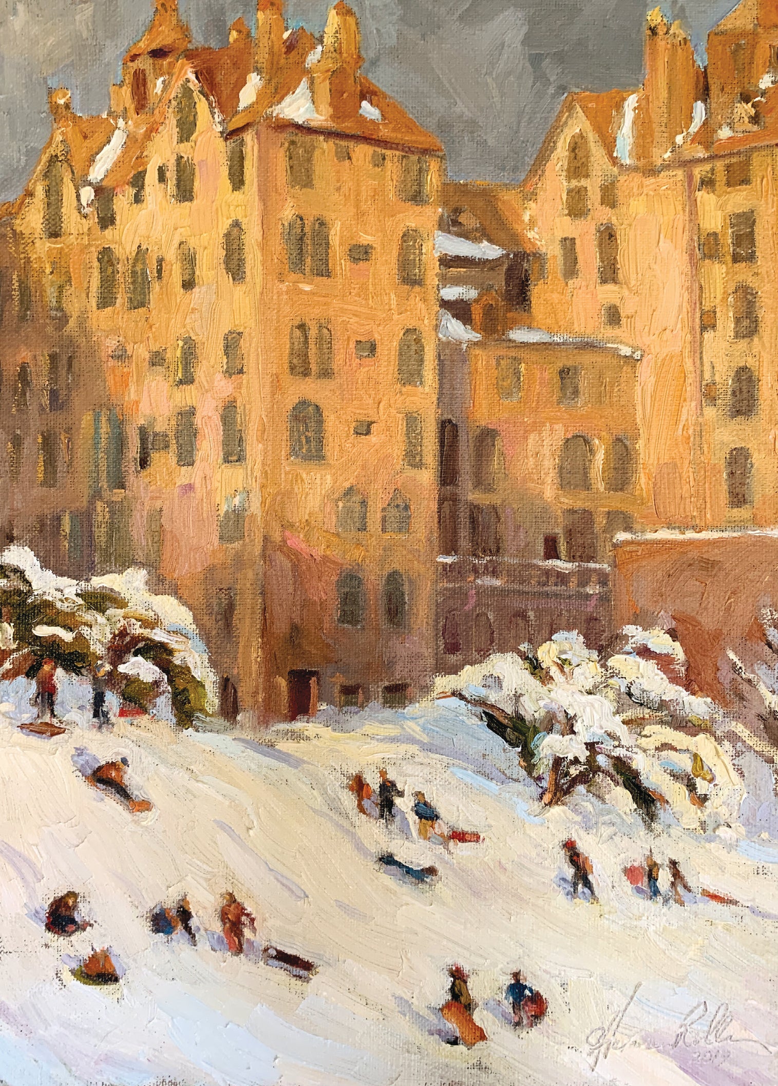 Painting of a snowy street with people sledding in front of snow-covered buildings.